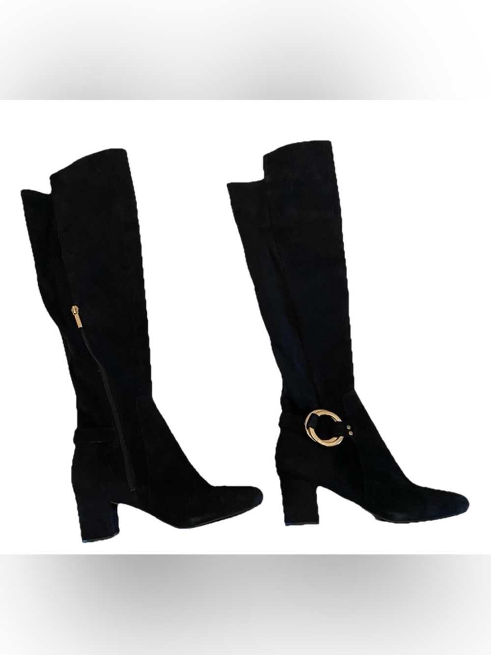 Karl Lagerfeld Black Suede Knee Boots with Gold Ring Accent